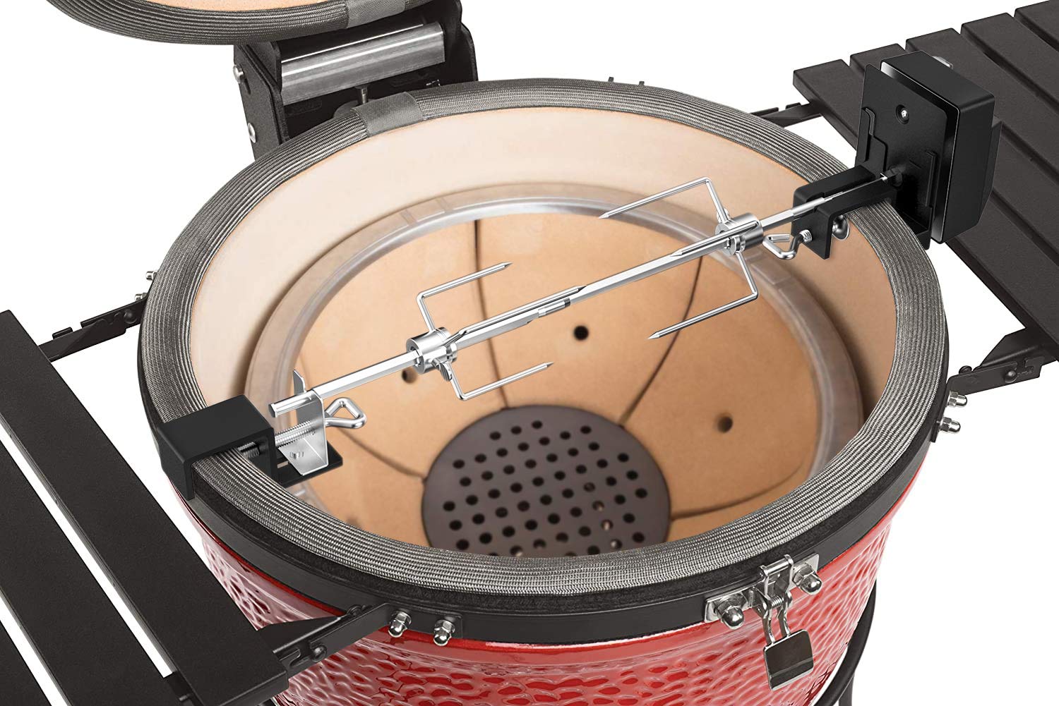 Skyflame rotisserie installed in a kamado grill roasting chicken for even browning