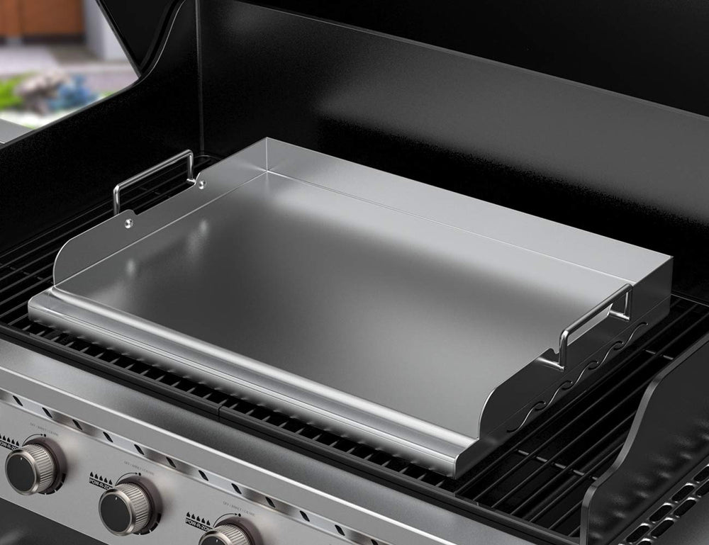 Skyflame griddle in use on charcoal grill cooking eggs to demonstrate versatility and results