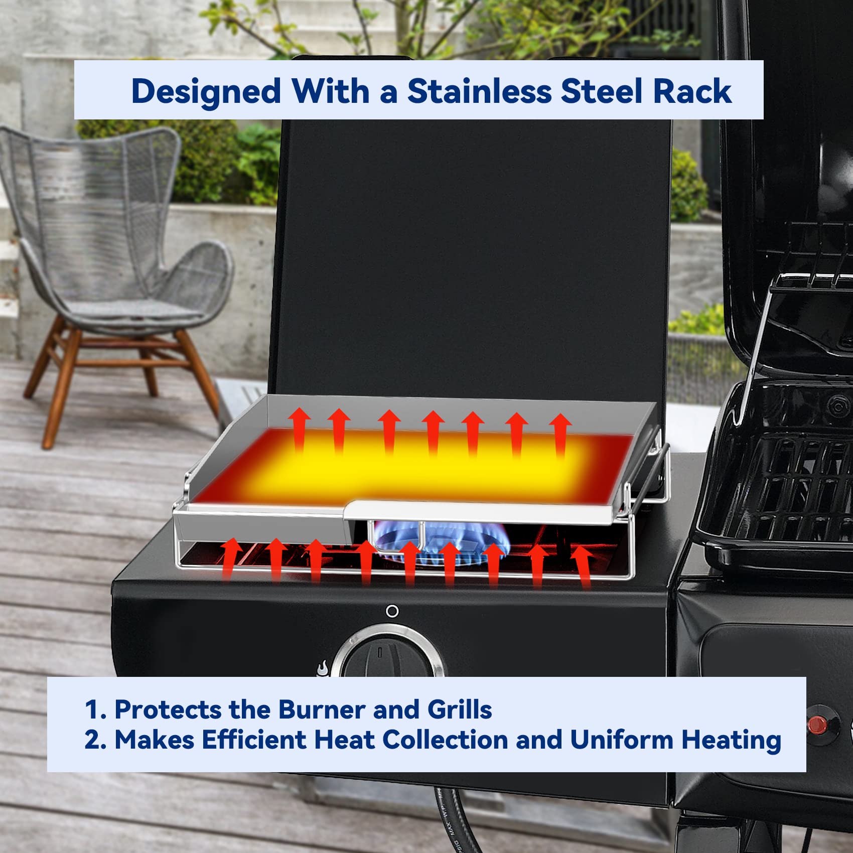 Skyflame griddle in use on gas grill demonstrating even heat distribution