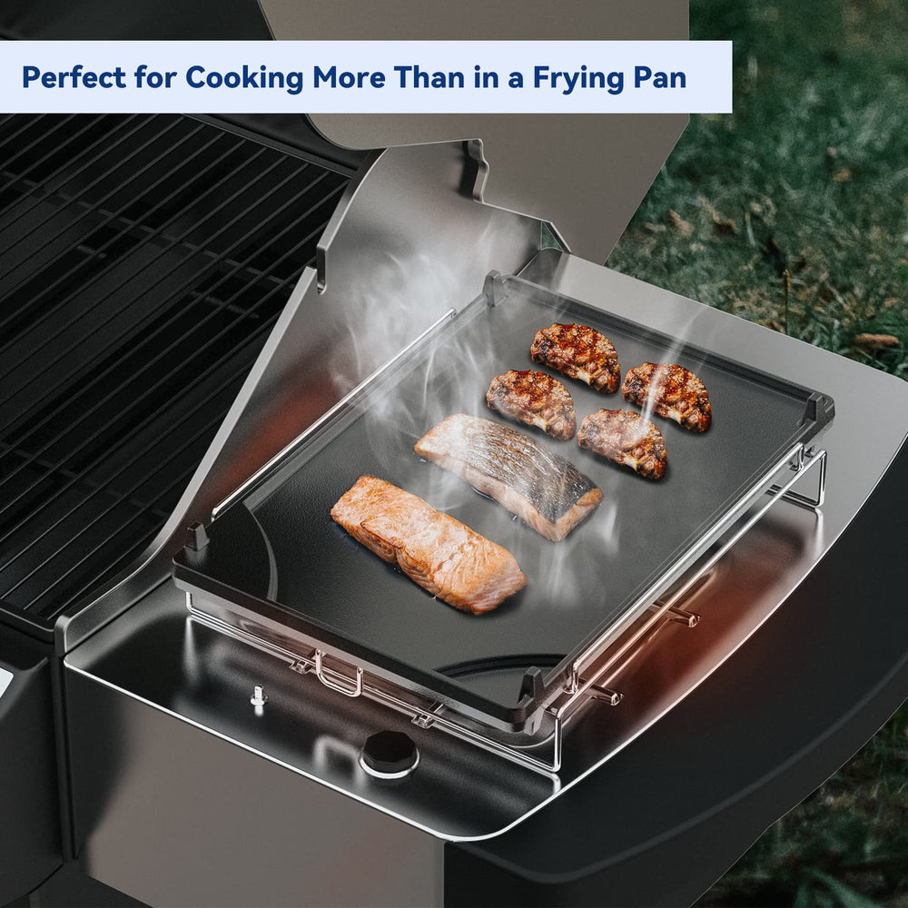 Skyflame griddle on backyard grill in use demonstrating durable outdoor cooking