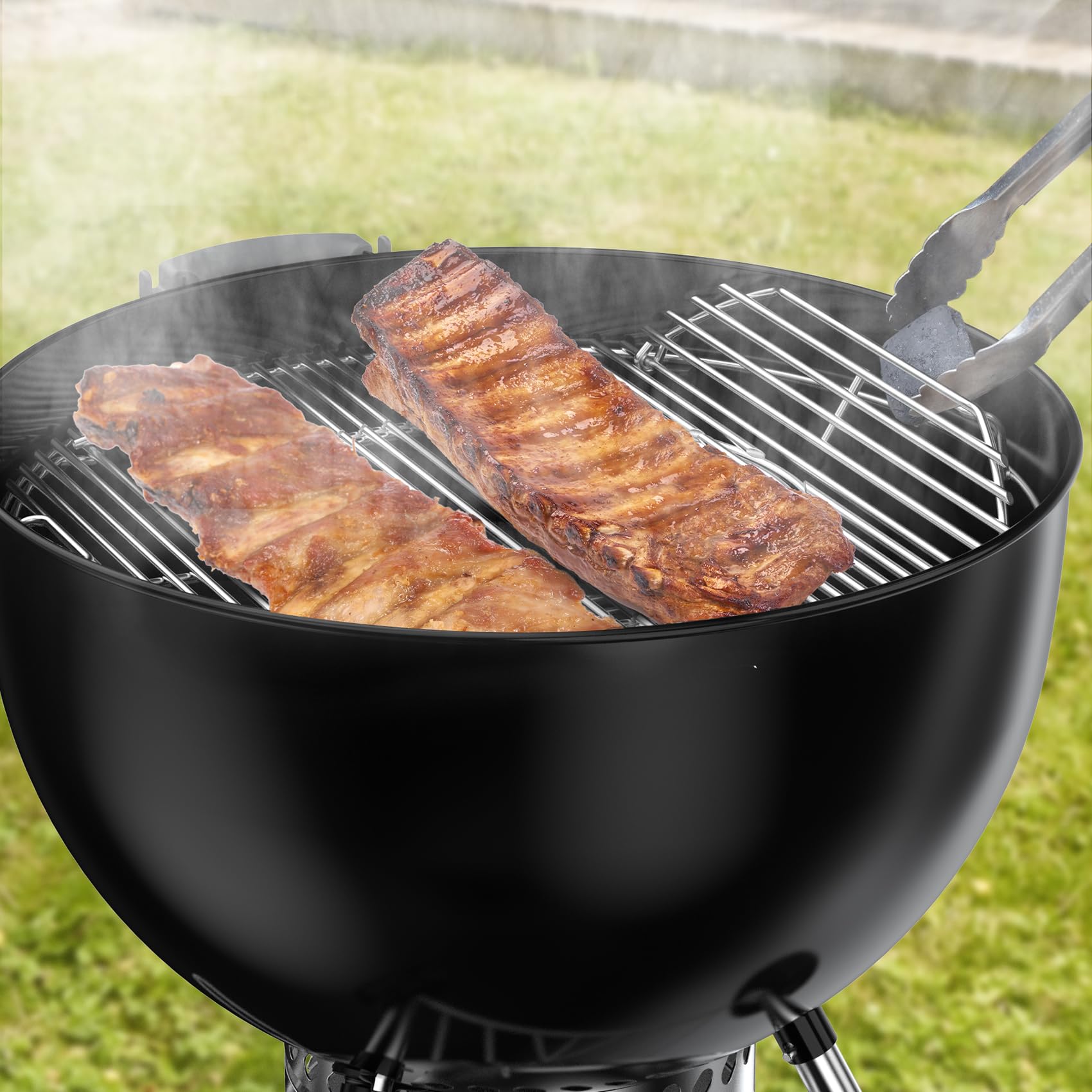 Skyflame installed on backyard kettle grill in use showing enhanced searing benefit
