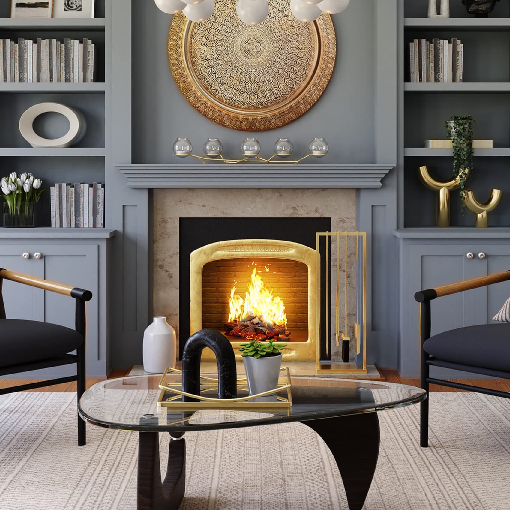 Skyflame styled in a living room emphasizing cozy ambiance and low-maintenance flames