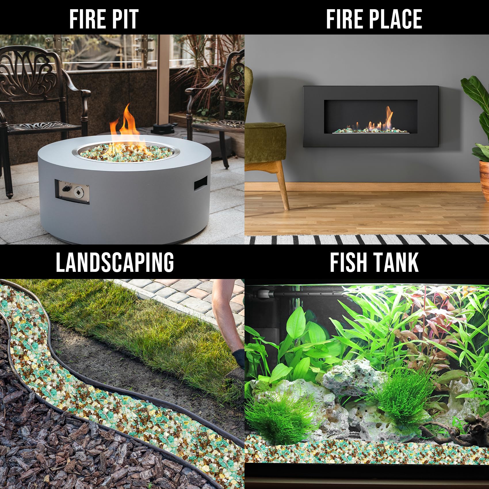 Skyflame fireglass in a patio fireplace creating a contemporary, low-maintenance focal point