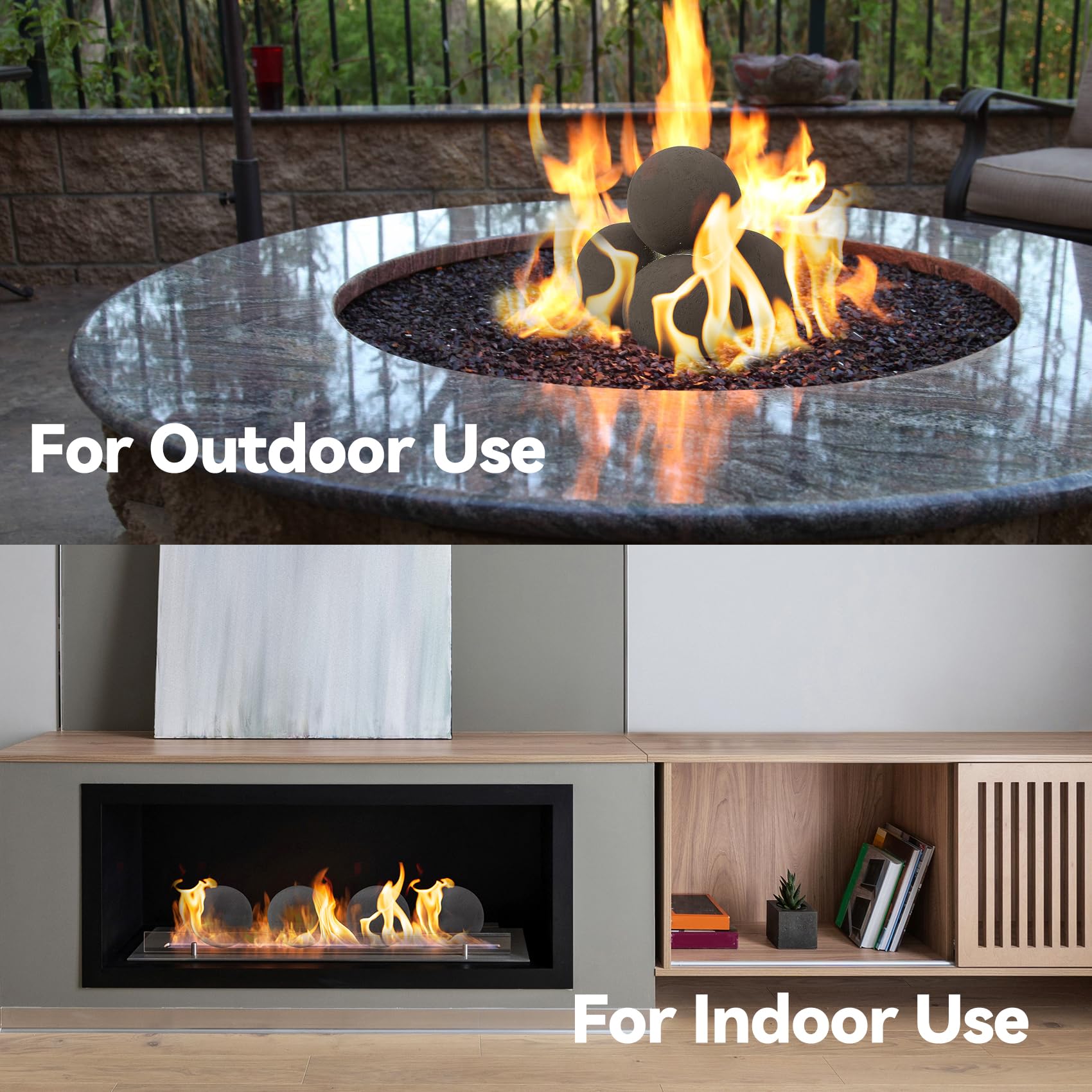 Skyflame black spheres mixed with fire glass showing layered contemporary firepit styling