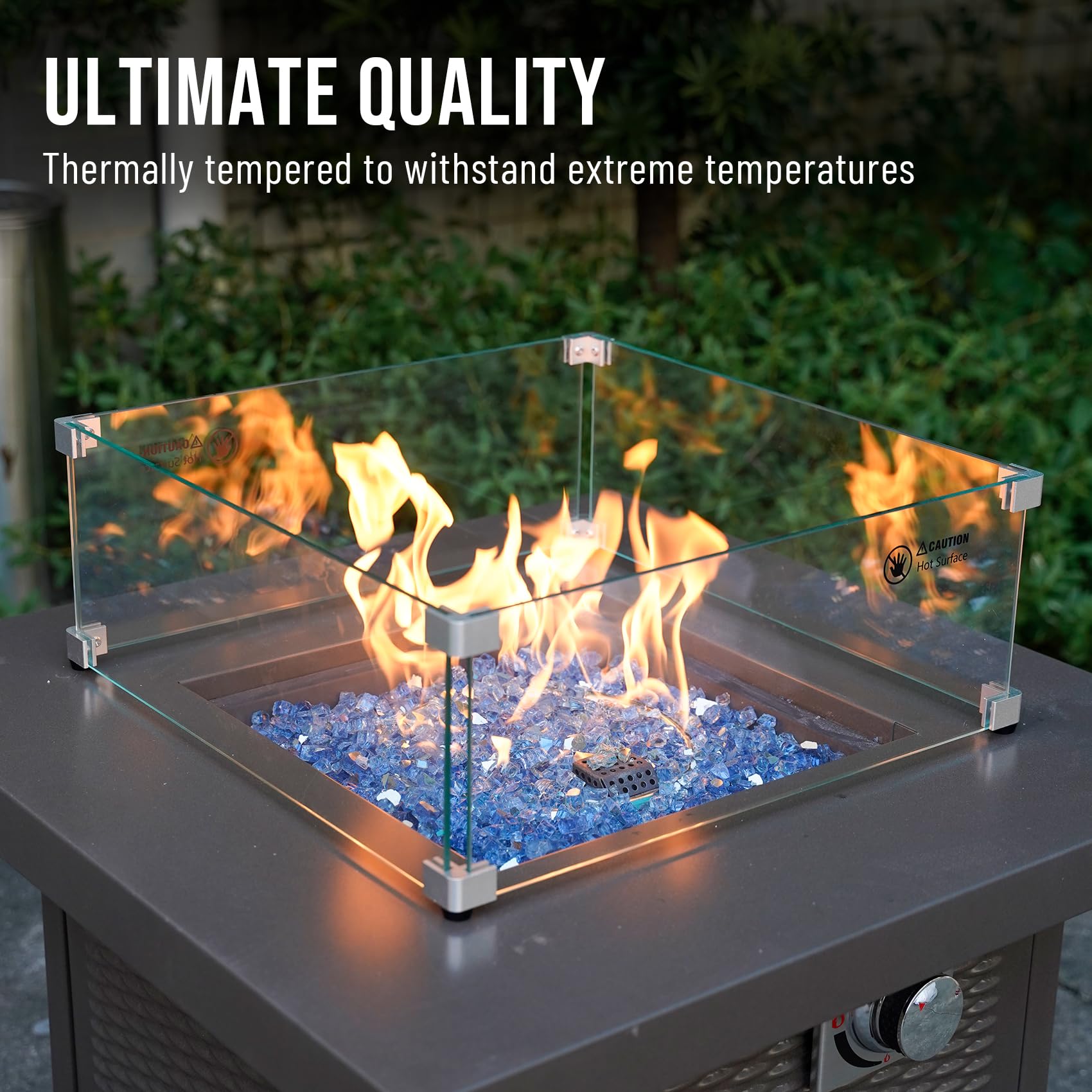 Skyflame glass installed in a fire pit showing vibrant blue flames and aesthetic benefit