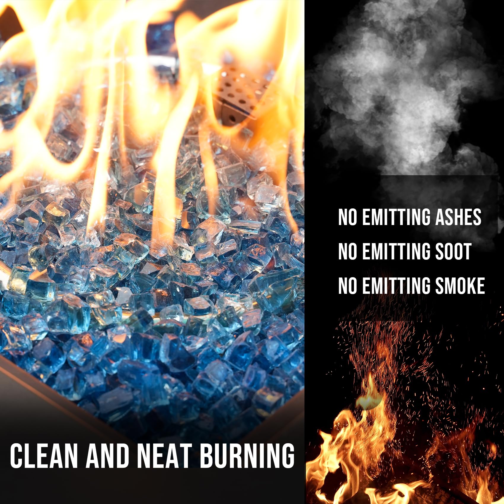 Skyflame Pacific Blue glass in a fire pit reflecting brighter flames