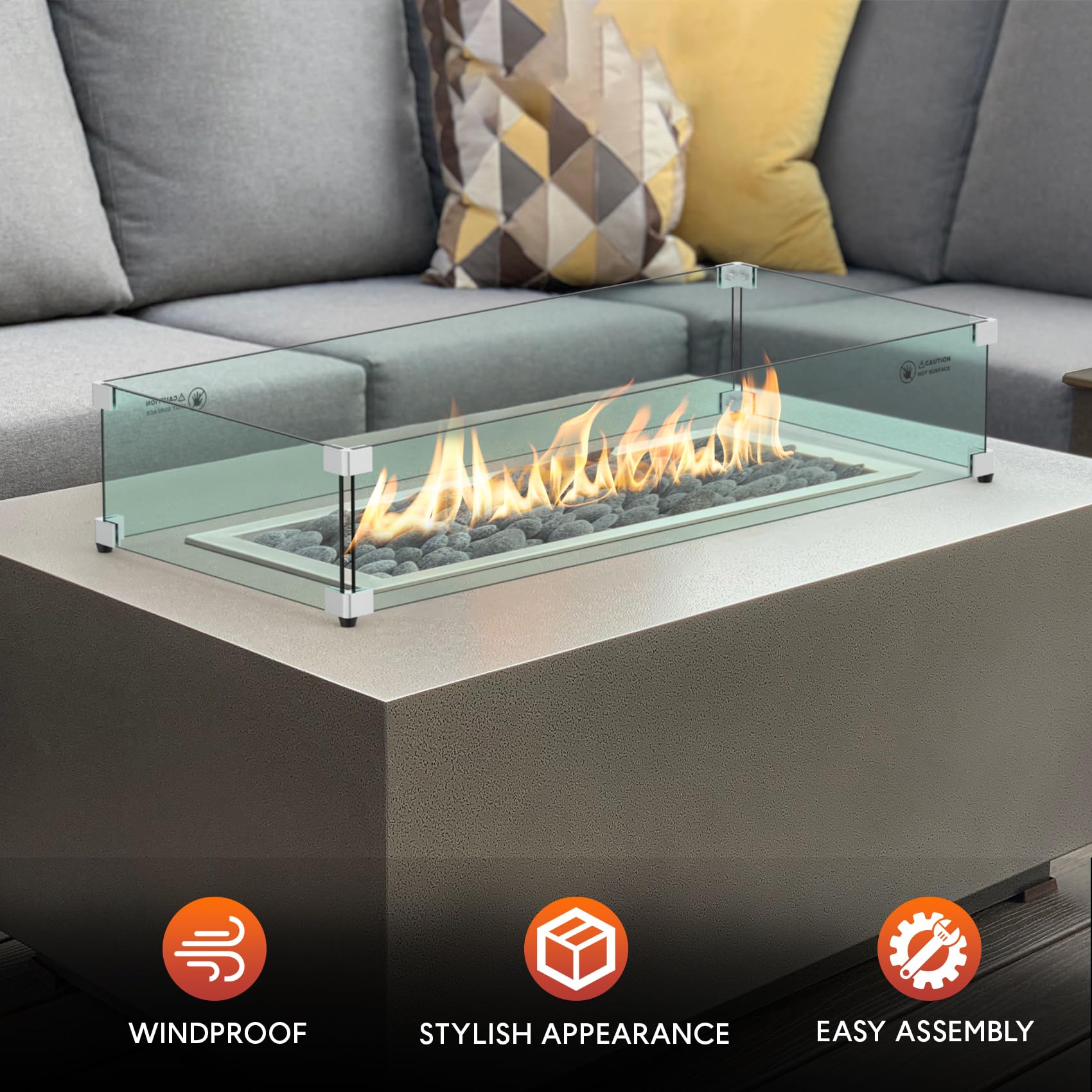 Skyflame reflective glass capturing flame glow for enhanced visual effect