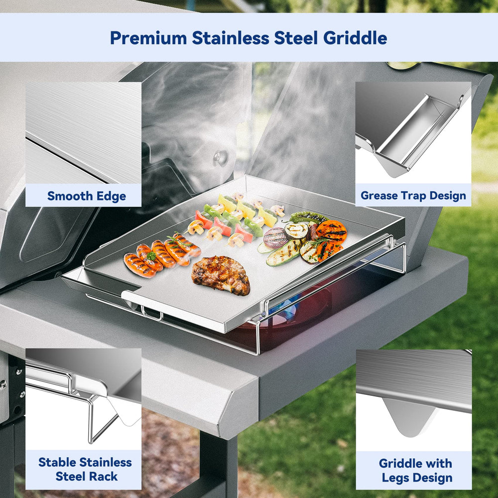 Skyflame removable rack detail showing sturdy feet and protective burner coverage
