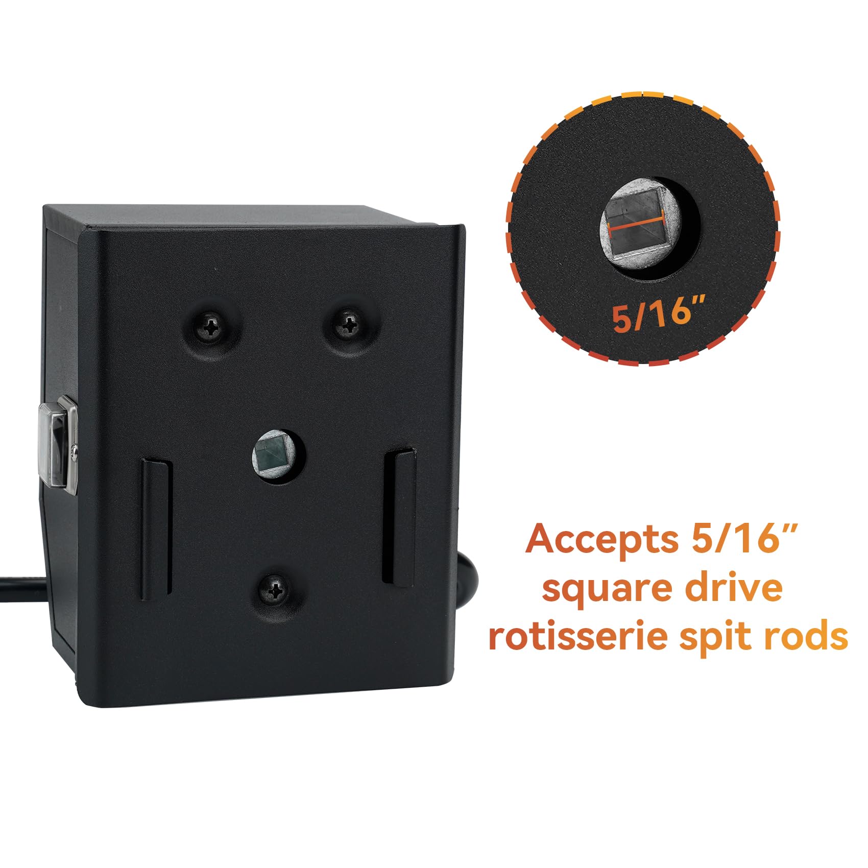 Skyflame rotisserie motor closeup of waterproof on/off switch for safe control