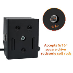 Skyflame rotisserie motor closeup of waterproof on/off switch for safe control