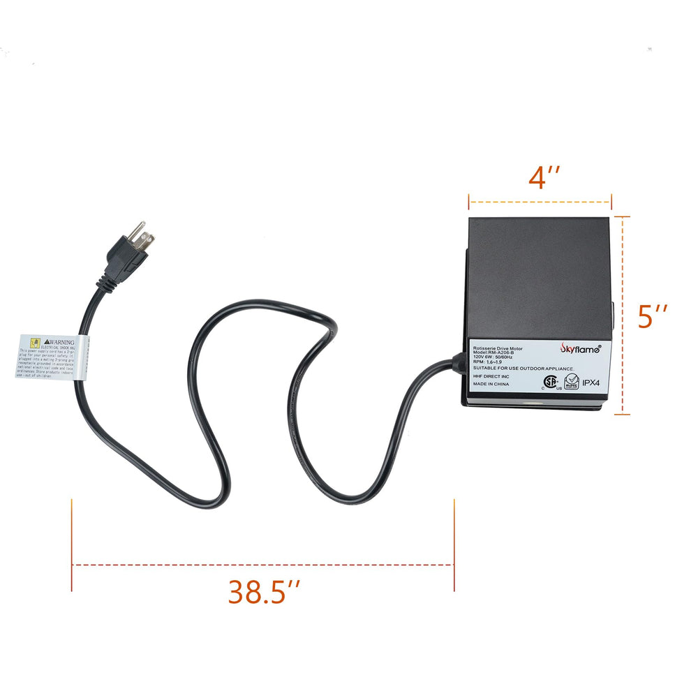 Skyflame rotisserie motor grounded three-prong cord plug ensuring safer outdoor use