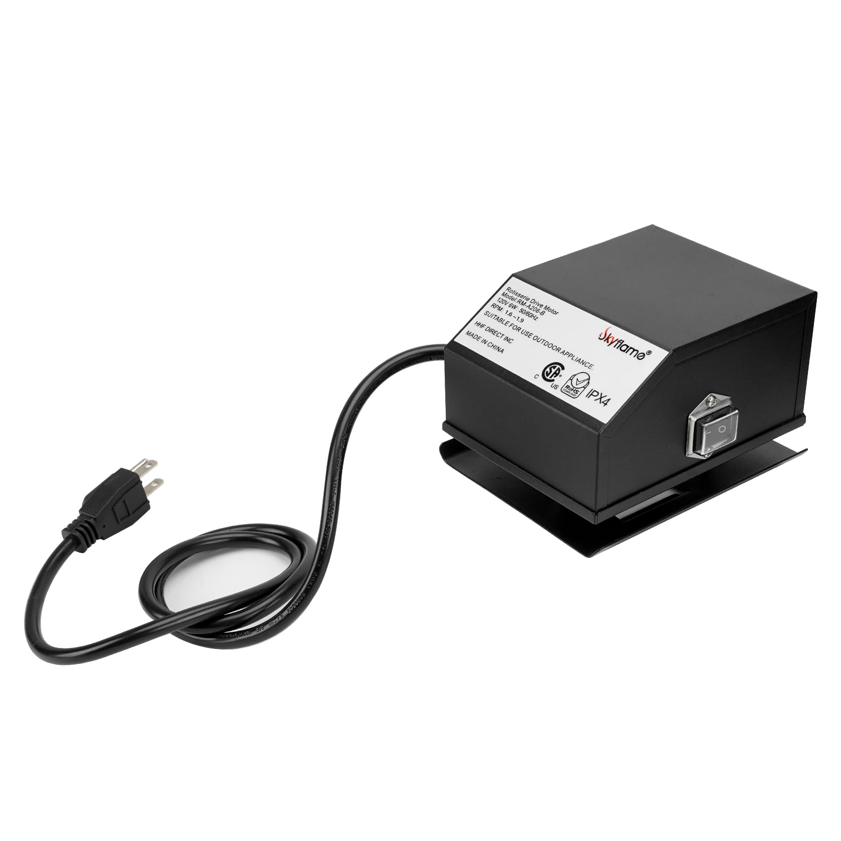 Skyflame rotisserie motor front view showing compact housing and durable build