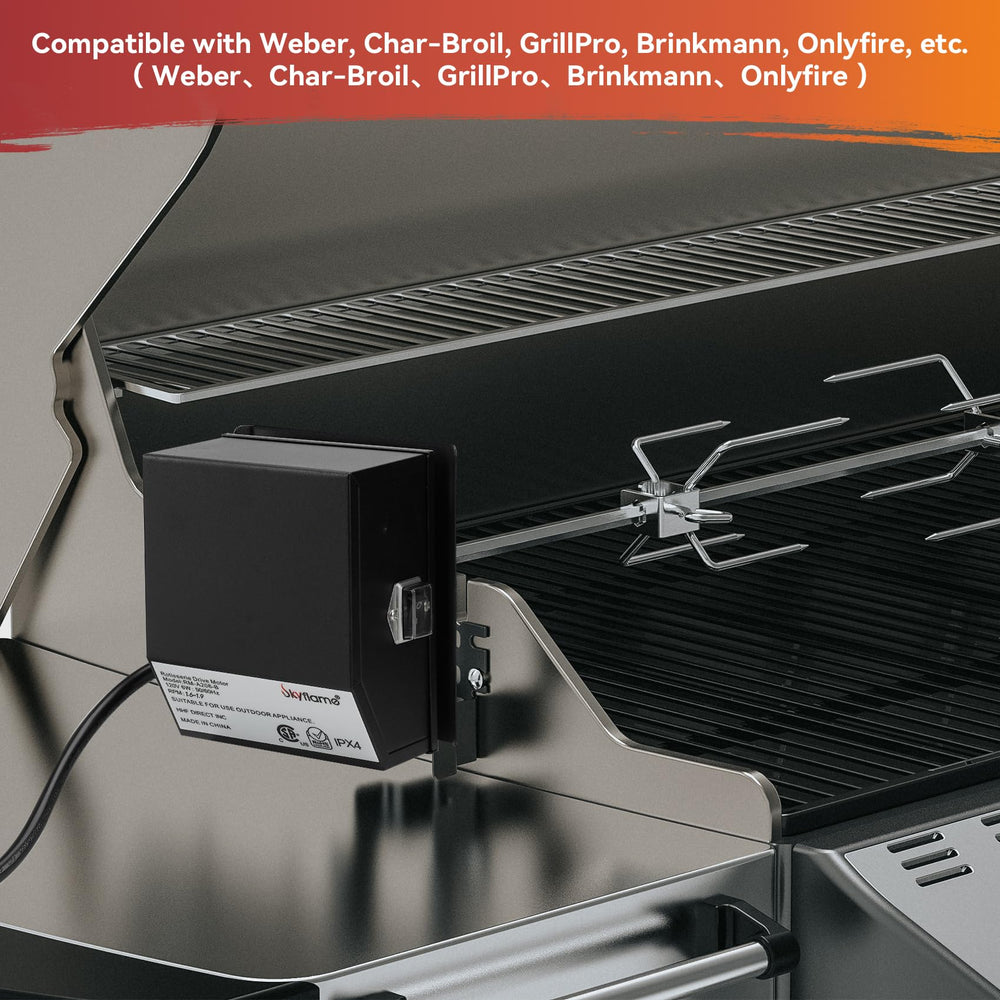 Skyflame rotisserie motor mounted on grill demonstrating secure fit and rotation