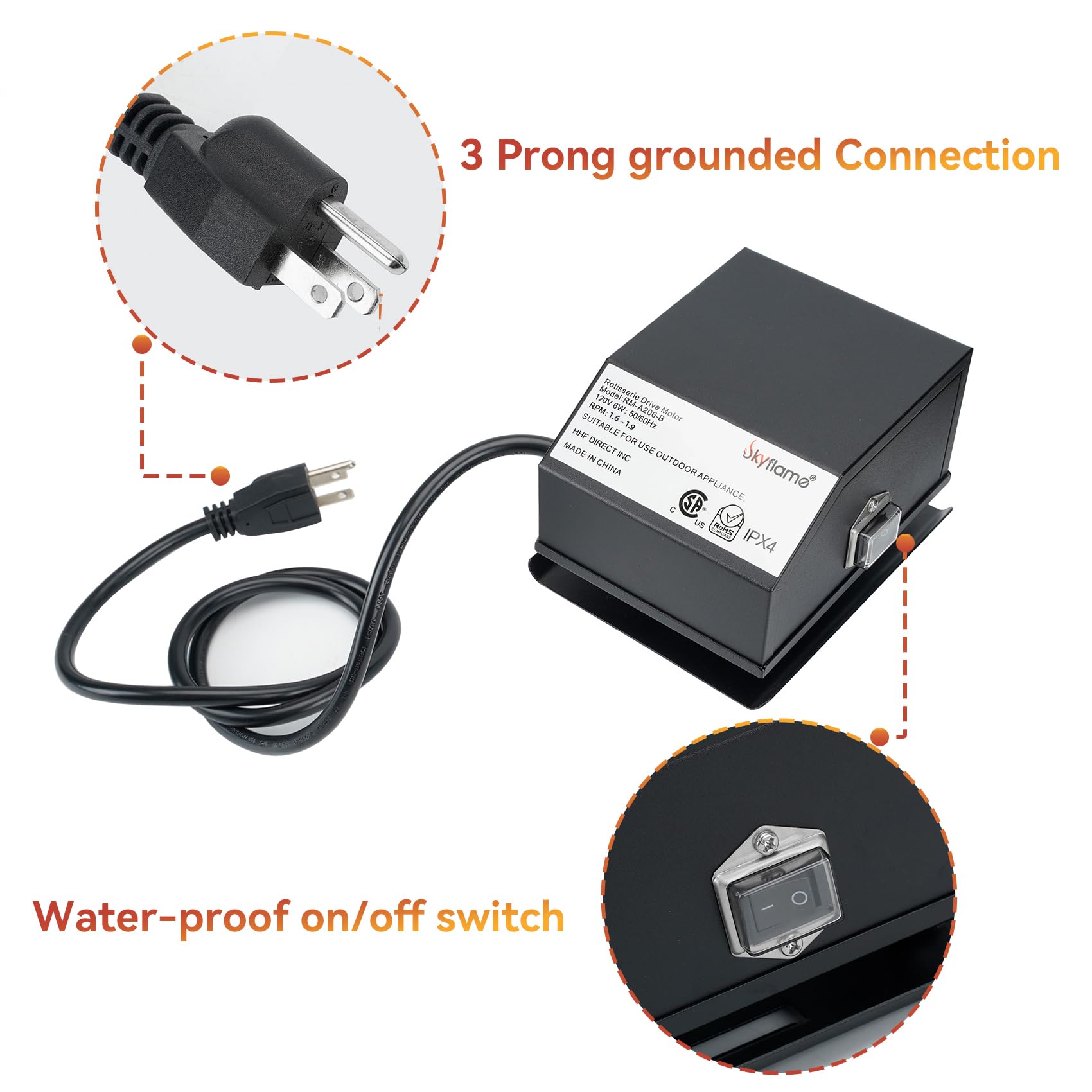 Skyflame rotisserie motor side profile highlighting weather-resistant case benefit