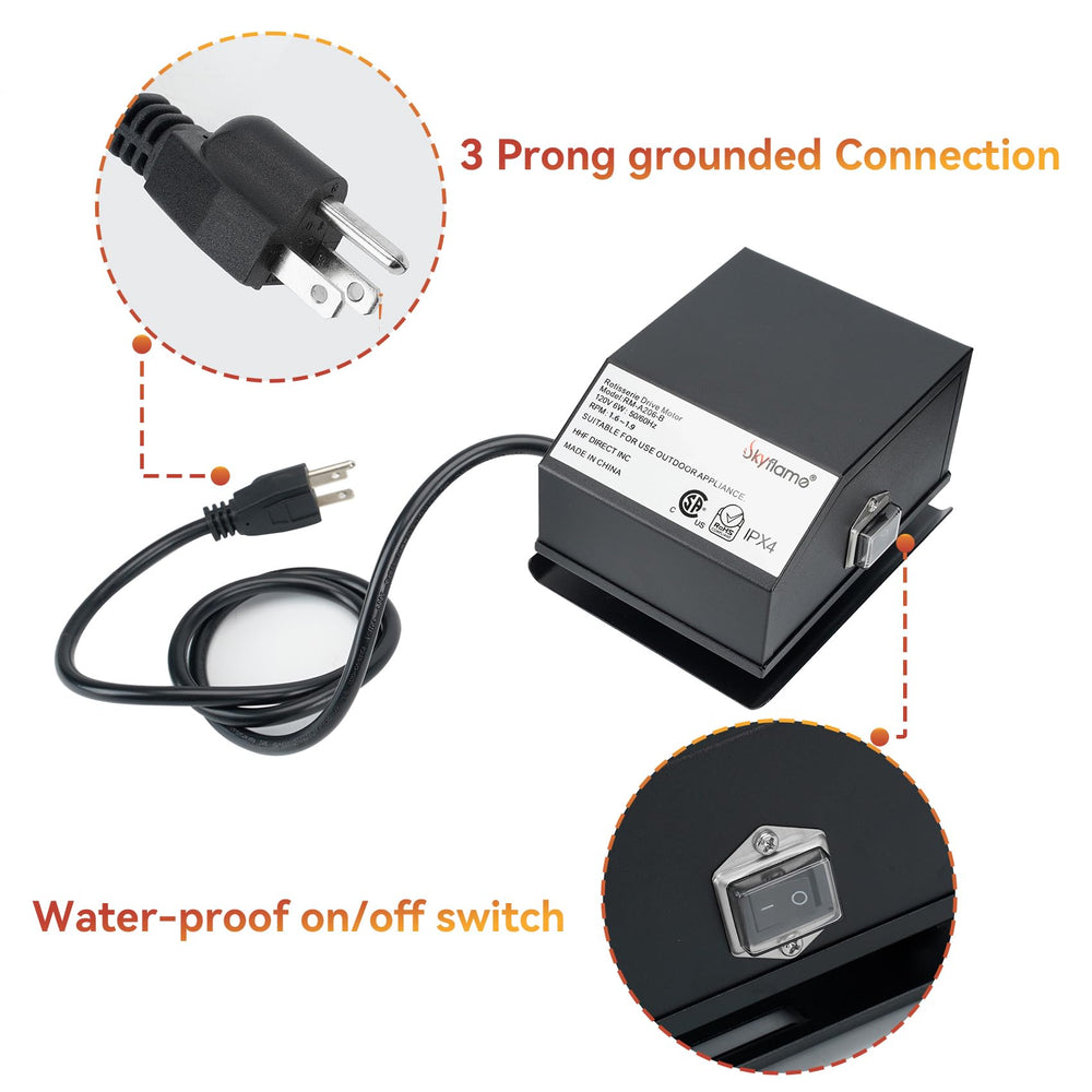 Skyflame rotisserie motor side profile highlighting weather-resistant case benefit
