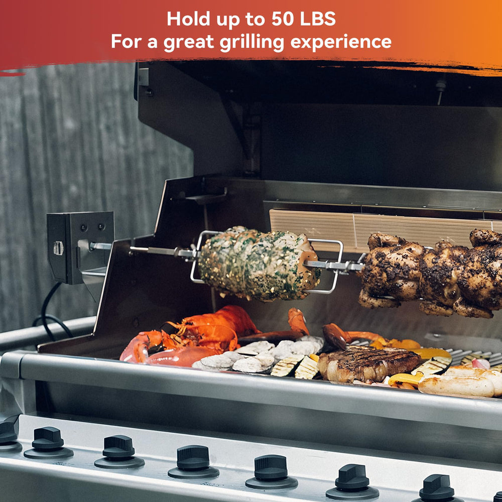 Skyflame rotisserie motor beside hand for scale illustrating compact heavy-duty capacity