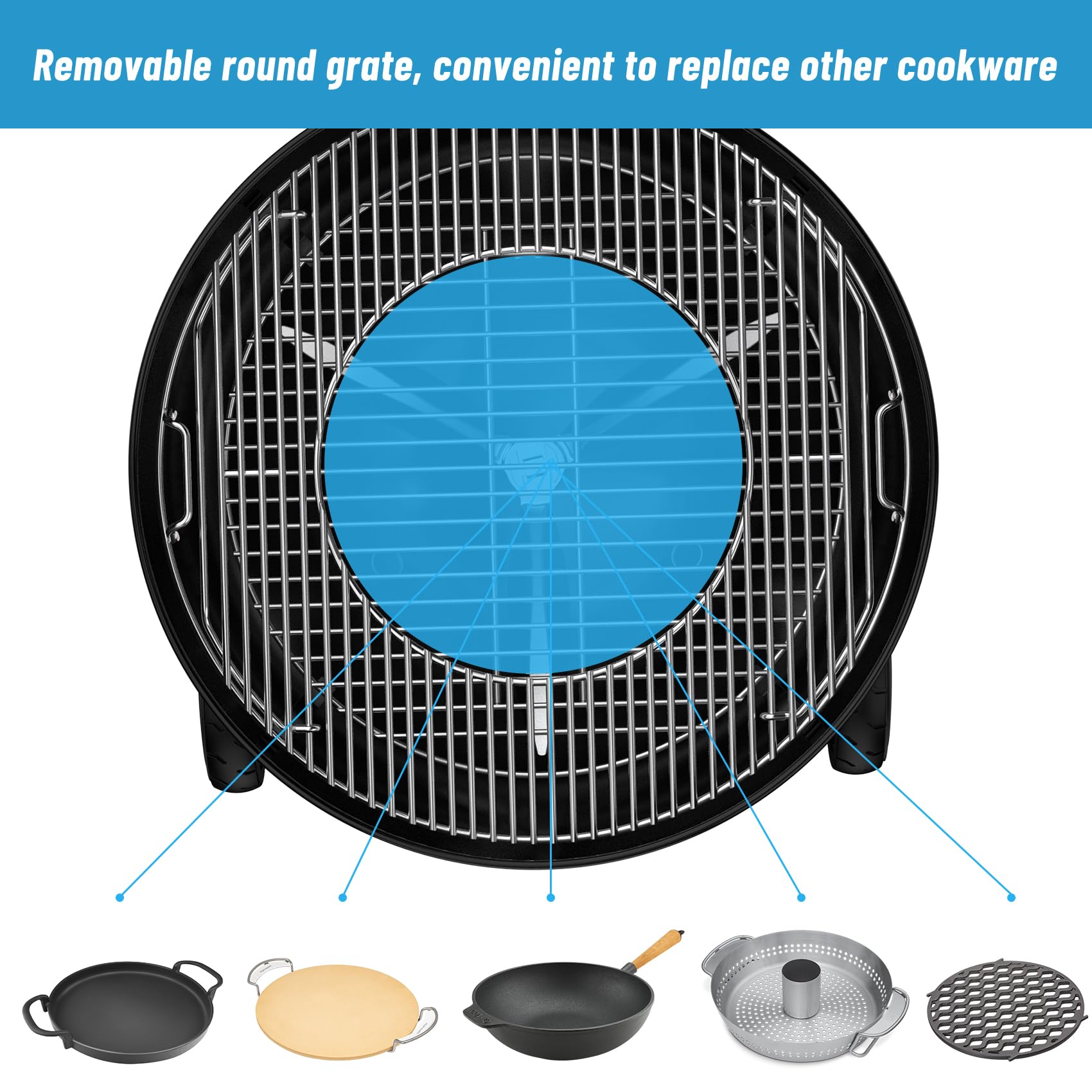 Skyflame grate on kettle with measuring tape showing size fit compatibility benefit