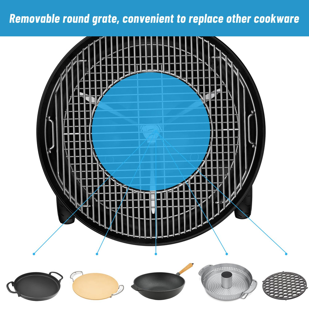 Skyflame grate on kettle with measuring tape showing size fit compatibility benefit