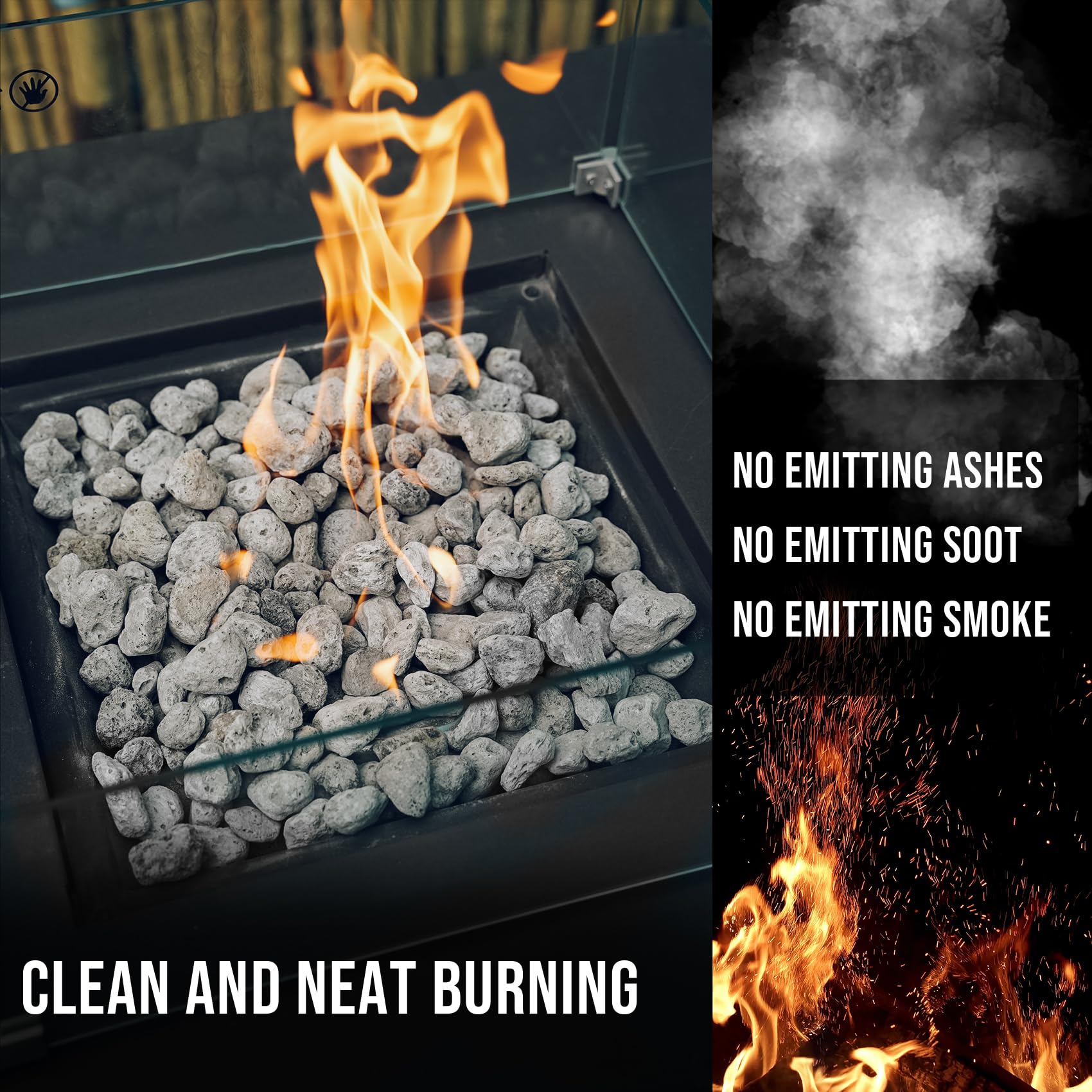 Skyflame hand holding stones to show 3/4"–1" size for easy handling