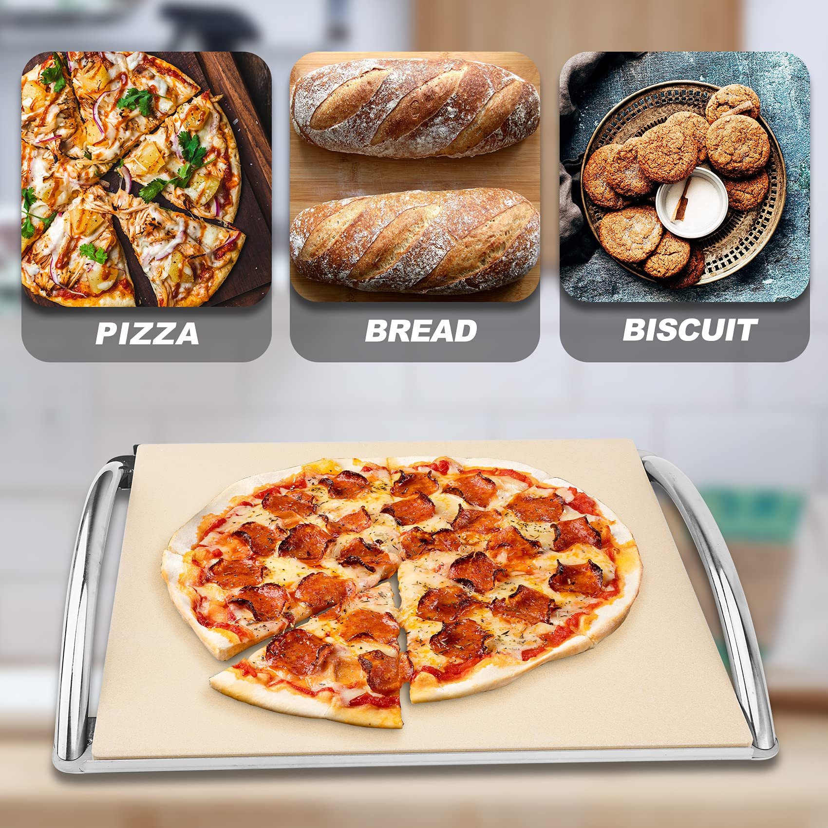 Skyflame stone next to 14-inch pizza for accurate size and fit benefit