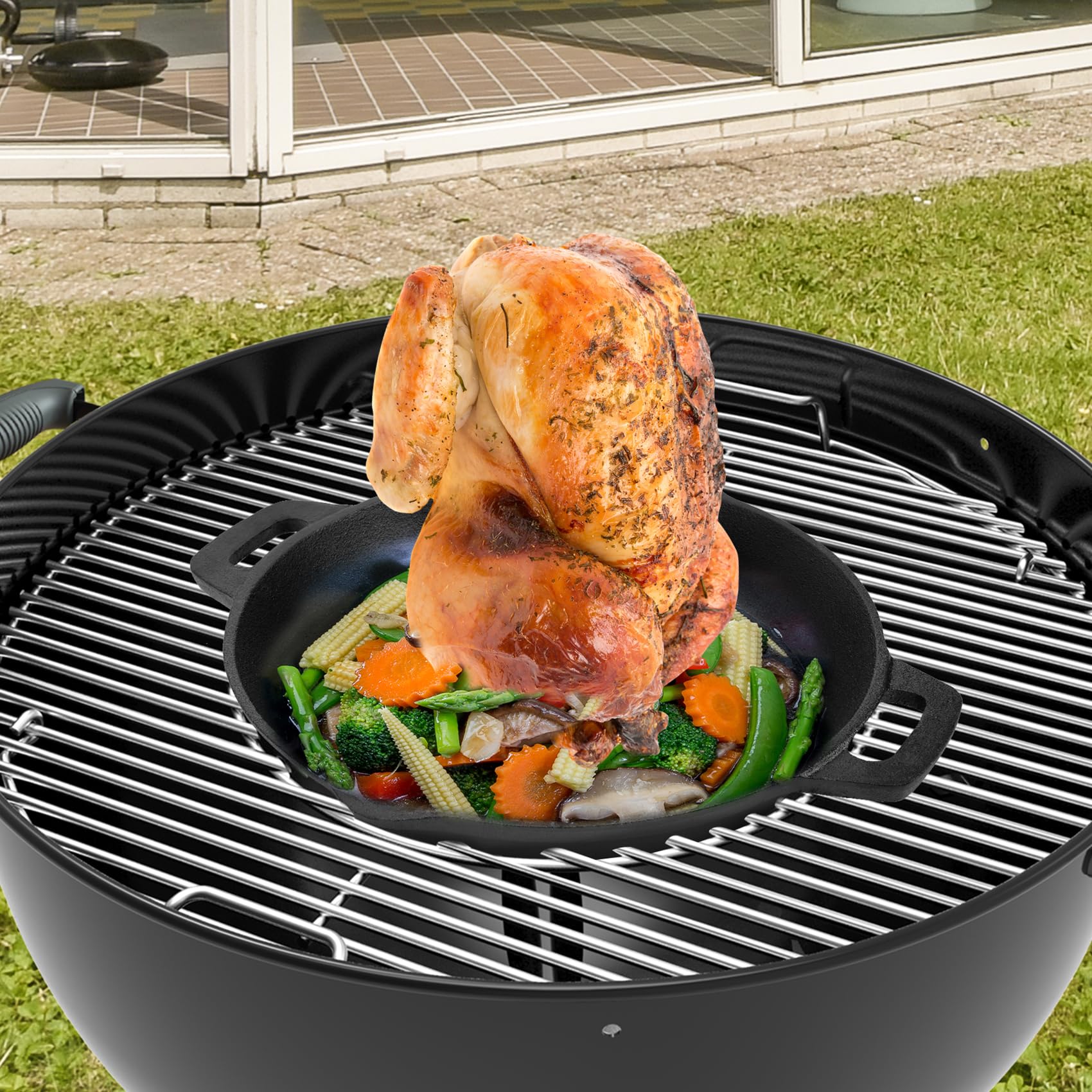 Skyflame insert beside 22-inch kettle showing clear size compatibility