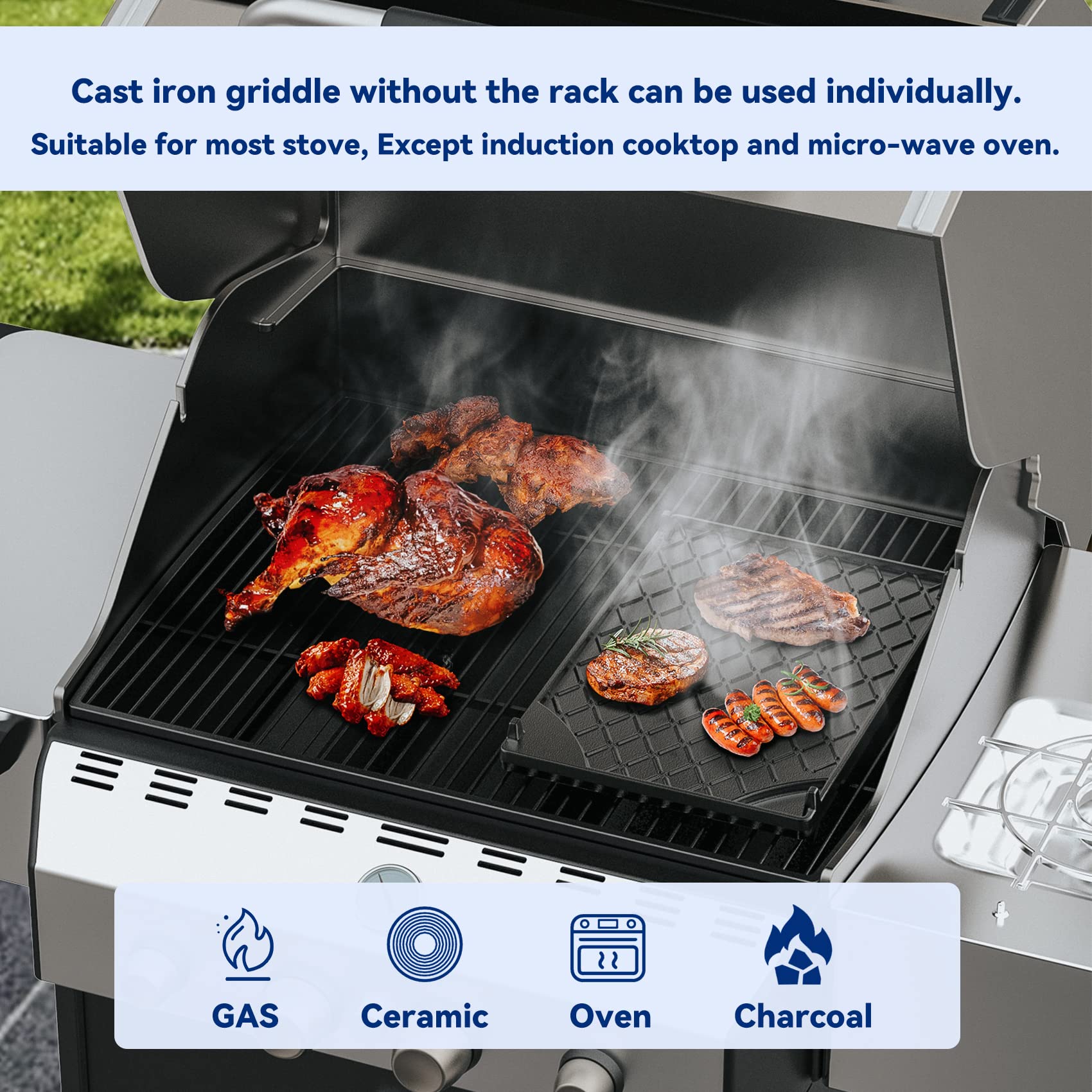 Skyflame griddle size comparison with spatula showing compact versatile scale