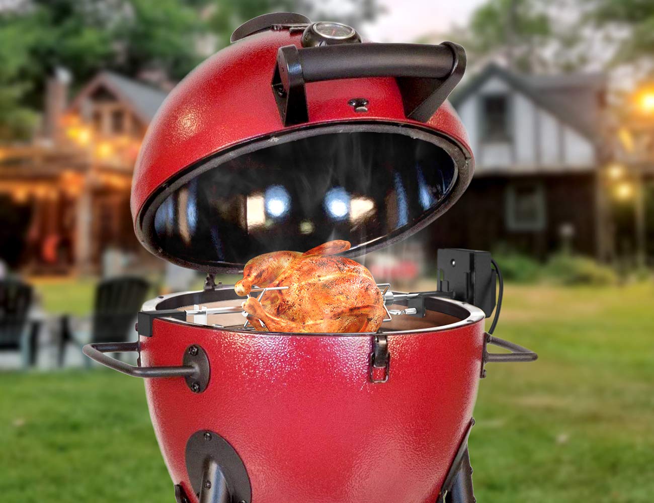 Skyflame rotisserie next to ruler demonstrating size ranges for correct fit