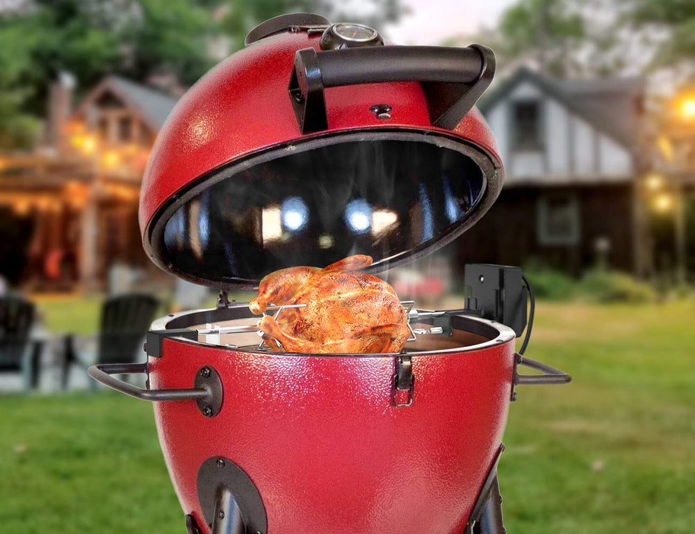 Skyflame rotisserie next to ruler demonstrating size ranges for correct fit