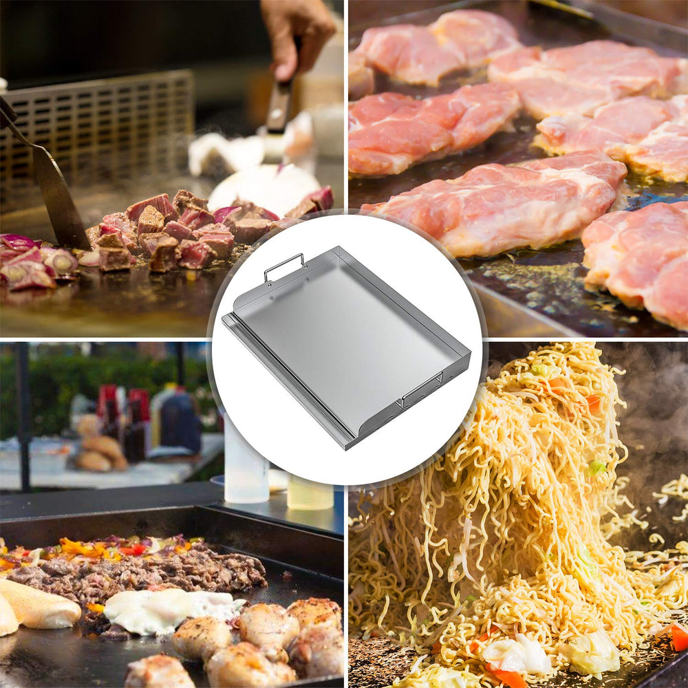 Skyflame griddle next to utensils for scale illustrating 17x13 inch area and multi-item cooking