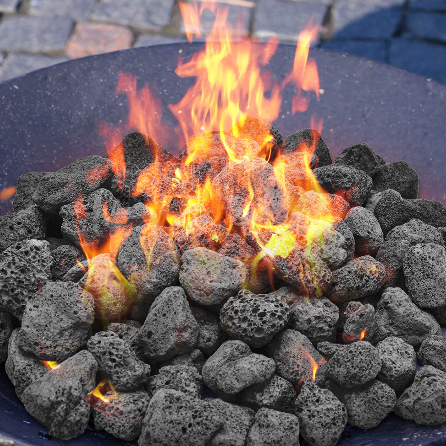 Skyflame lava rocks layered beneath fire glass demonstrating stable base and cleaner flame visuals