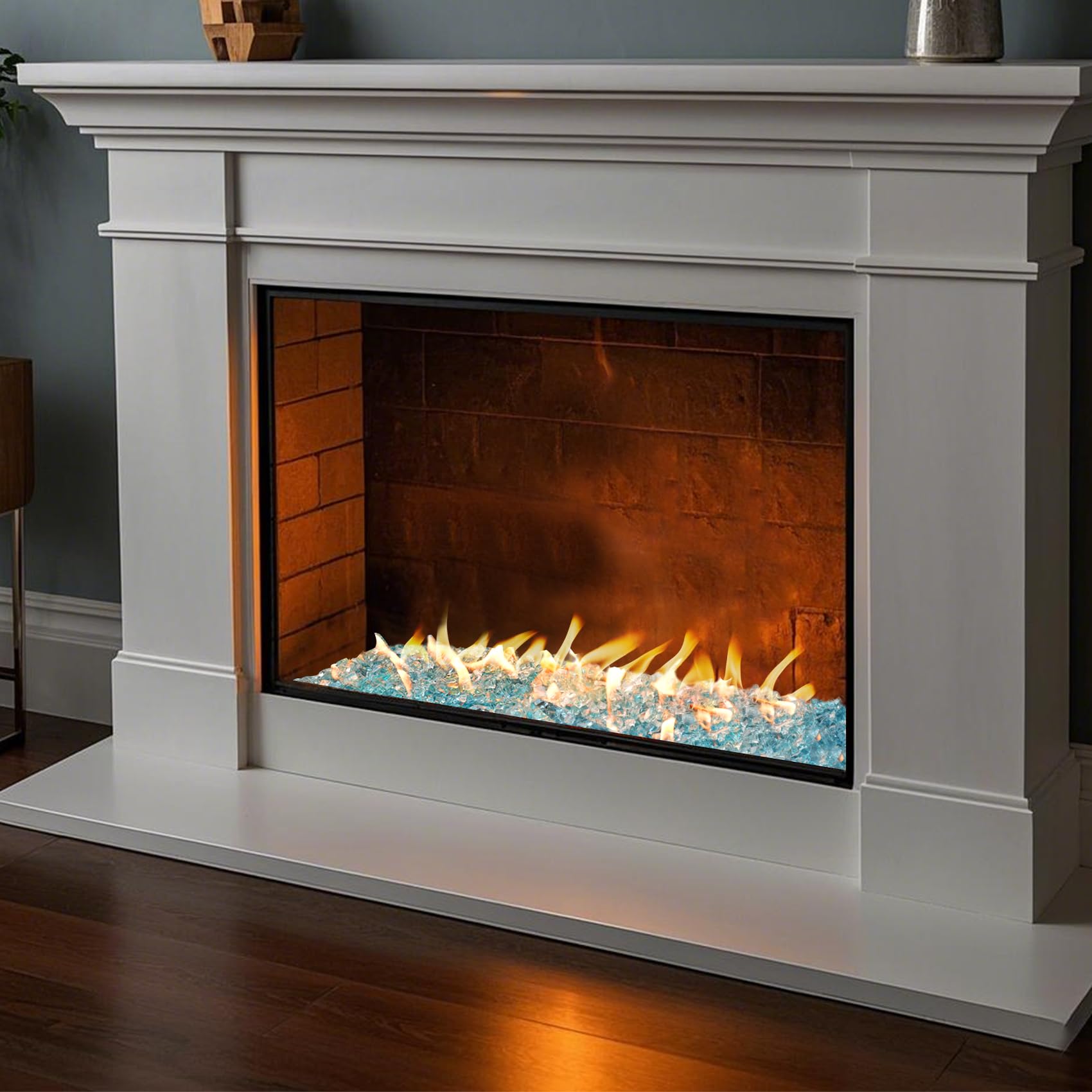 Skyflame aqua glass used as vase filler creating decorative centerpiece appeal