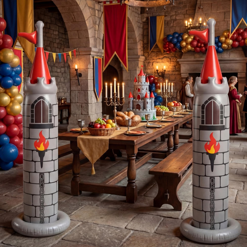 Skylety castled paired in a backyard creating a festive medieval party scene