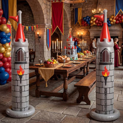 Skylety castled paired in a backyard creating a festive medieval party scene