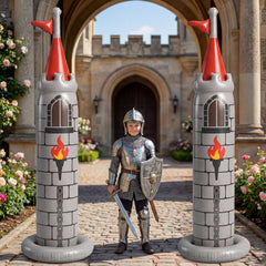 Skylety inflatable castle front view shows medieval towers and party-ready design