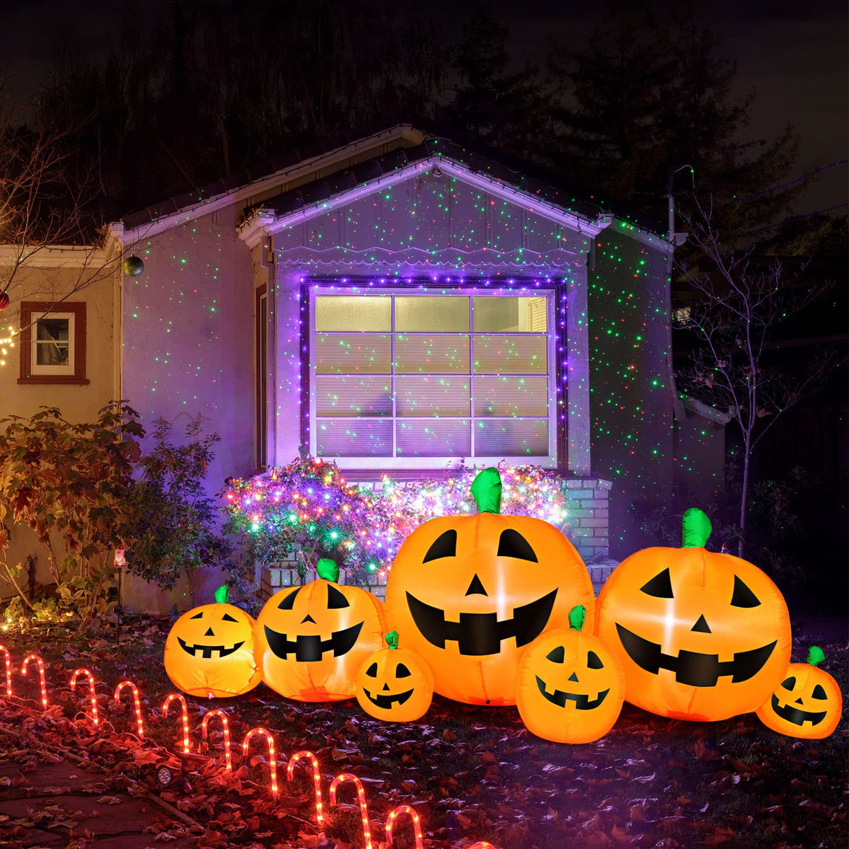 Skylety front view of assembled 7-piece pumpkin set showing curb appeal and easy setup