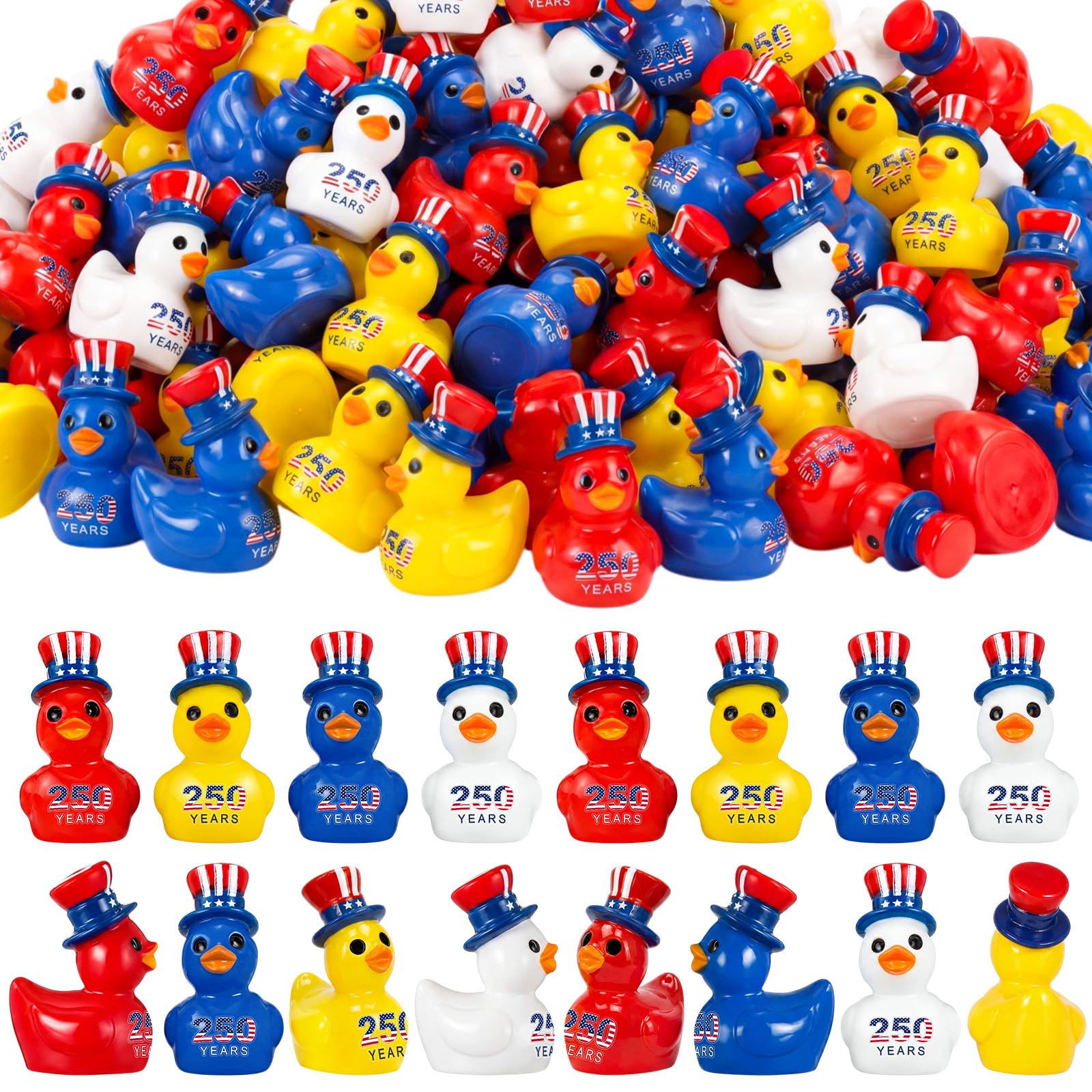 Skylety front packaging showing 100 patriotic mini ducks and easy setup benefit