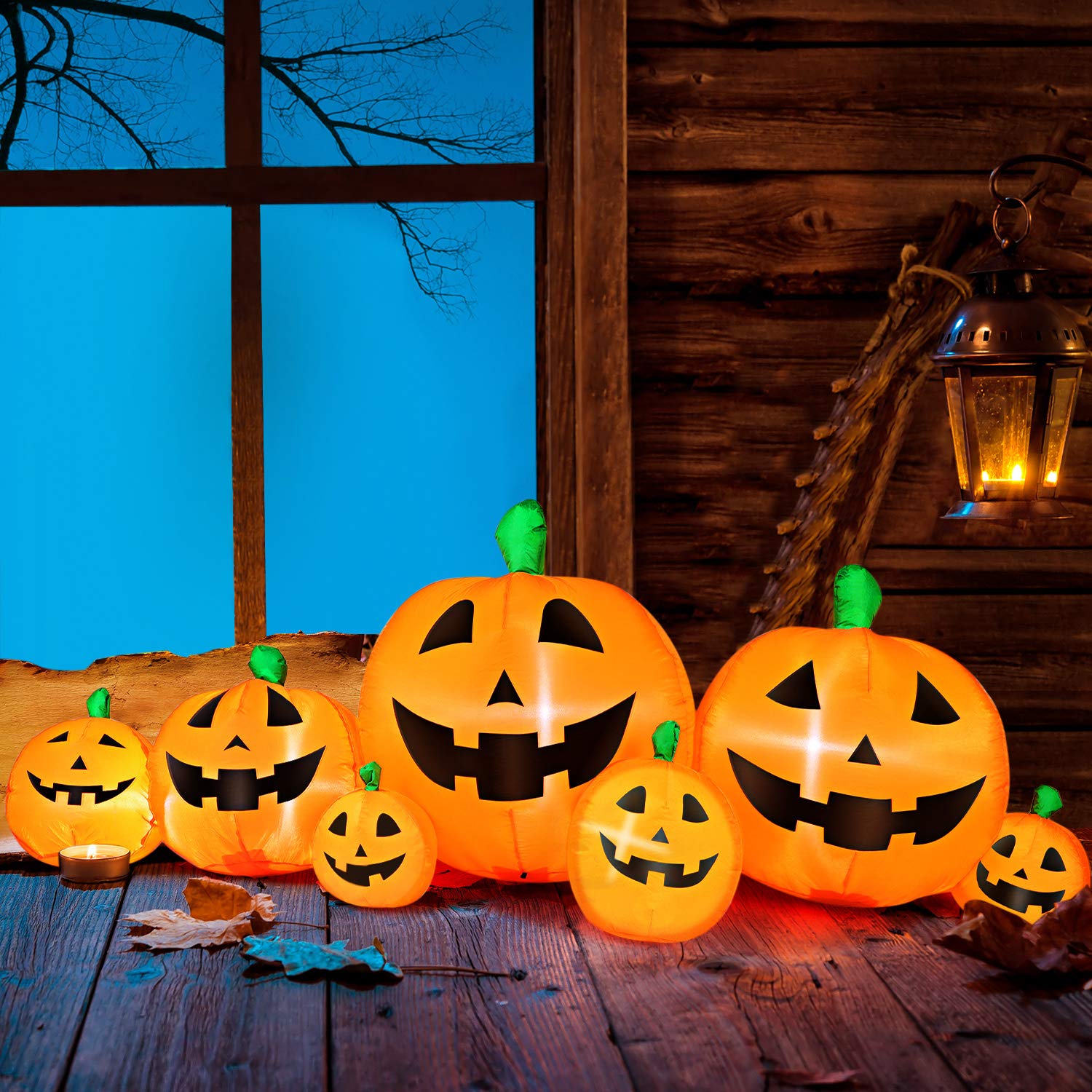 Skylety comparison showing the tallest 8 ft pumpkin next to smaller sizes for scale