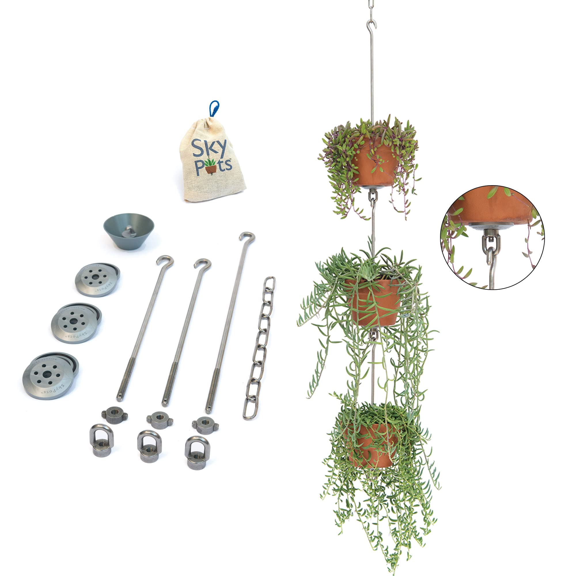 SkyPots three-pack kit front view showing included components and benefit of space-saving gardening