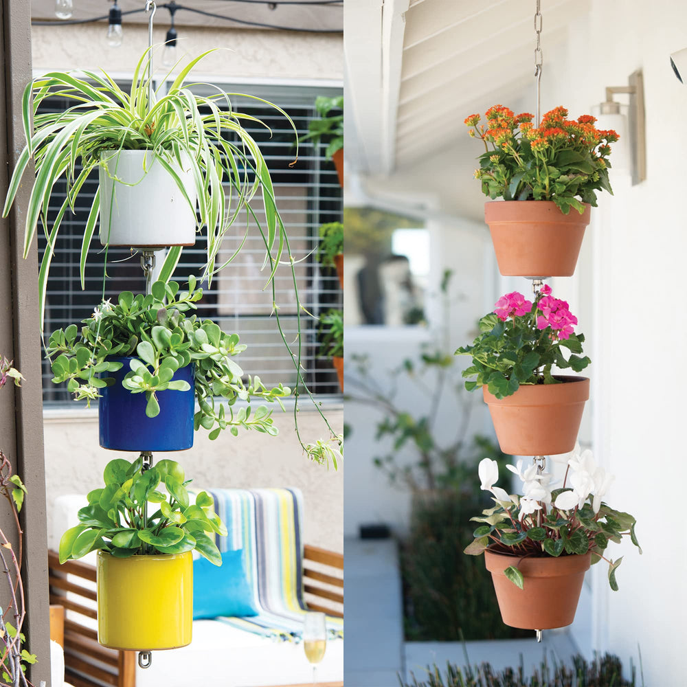 SkyPots hanging planters on patio showing stylish display and healthy drainage
