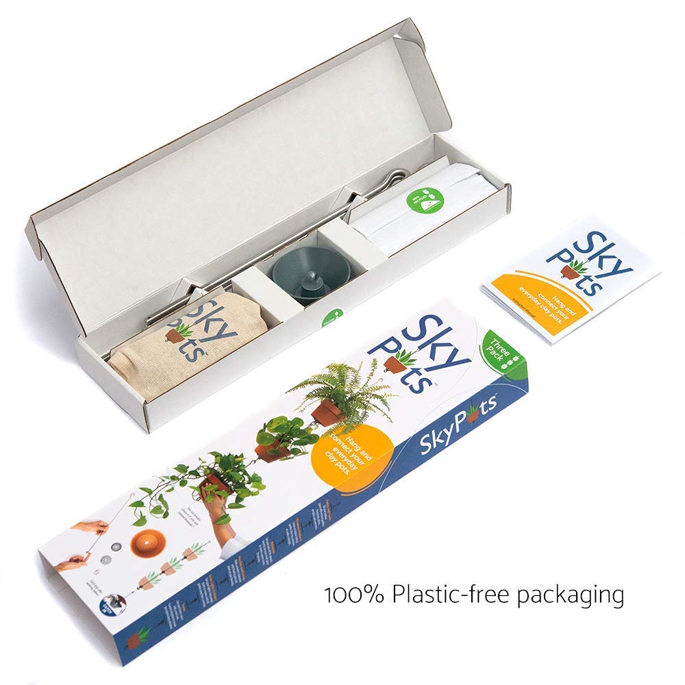 SkyPots kit beside measuring tape showing recommended pot sizing for correct fit
