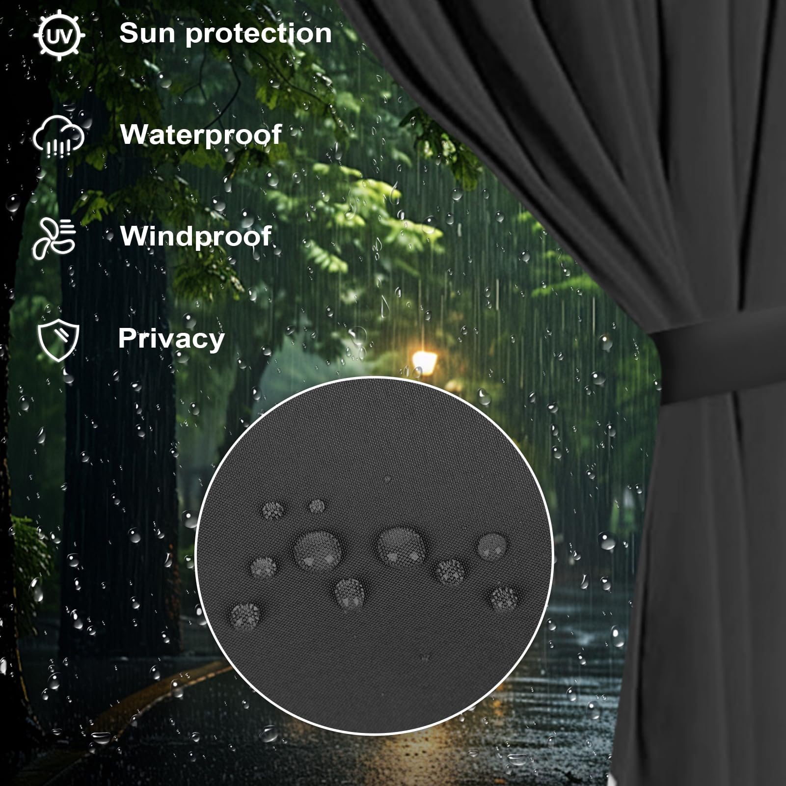 slashome black curtains installed on gazebo frame creating privacy and rain protection