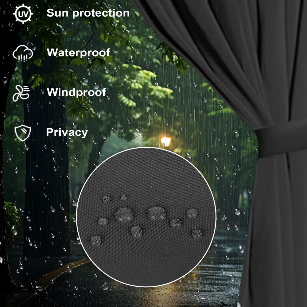 slashome black curtains installed on gazebo frame creating privacy and rain protection