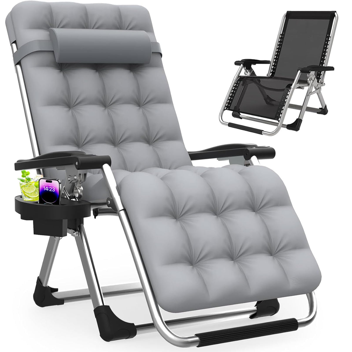 Slendor front view gray recliner showing full support and comfort