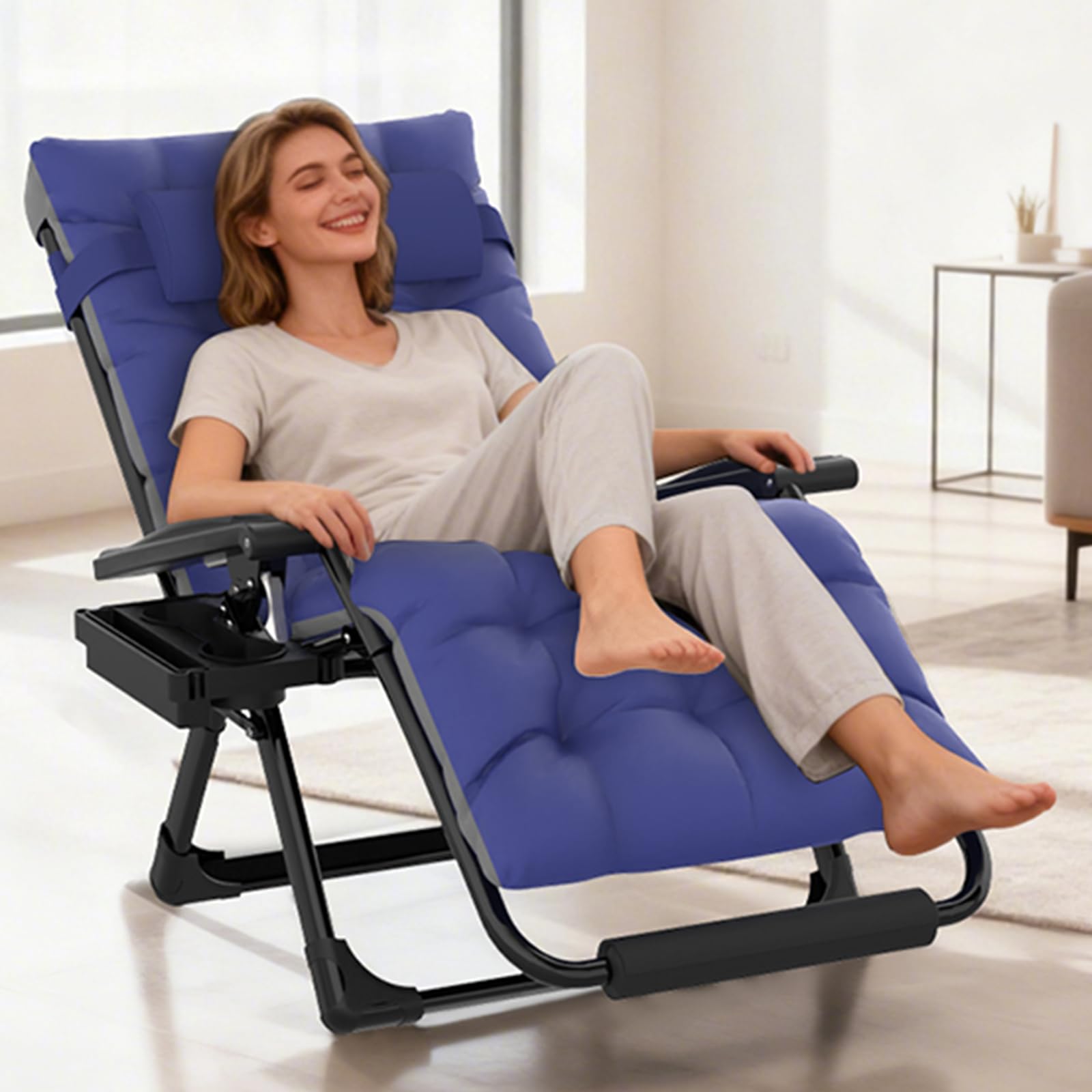 Slendor chair shown next to person for scale illustrating spacious XL fit