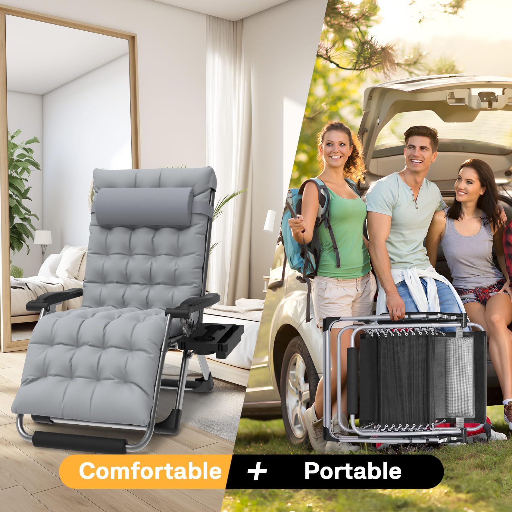 Slendor chair beside person to show scale and 69-inch recline length