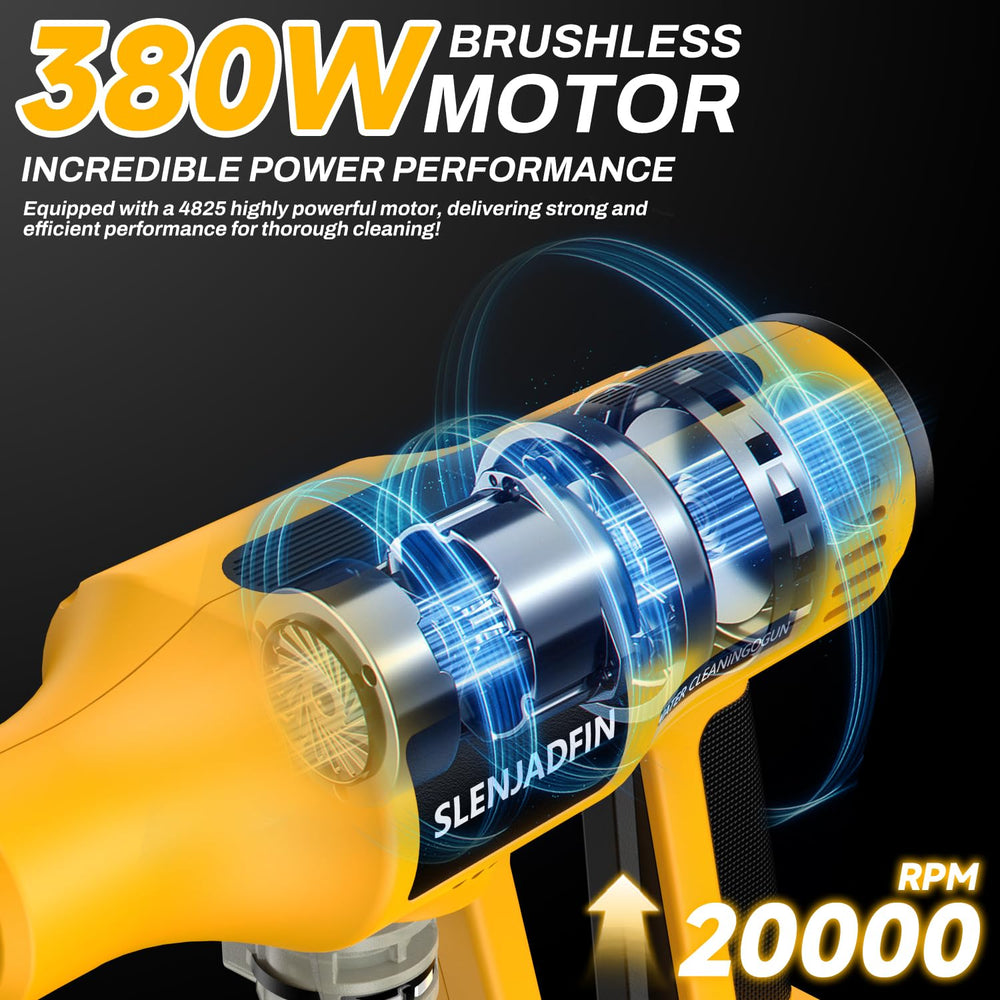 SLENJADFIN nozzle close-up showing 6-in-1 rotating spray head for versatile cleaning