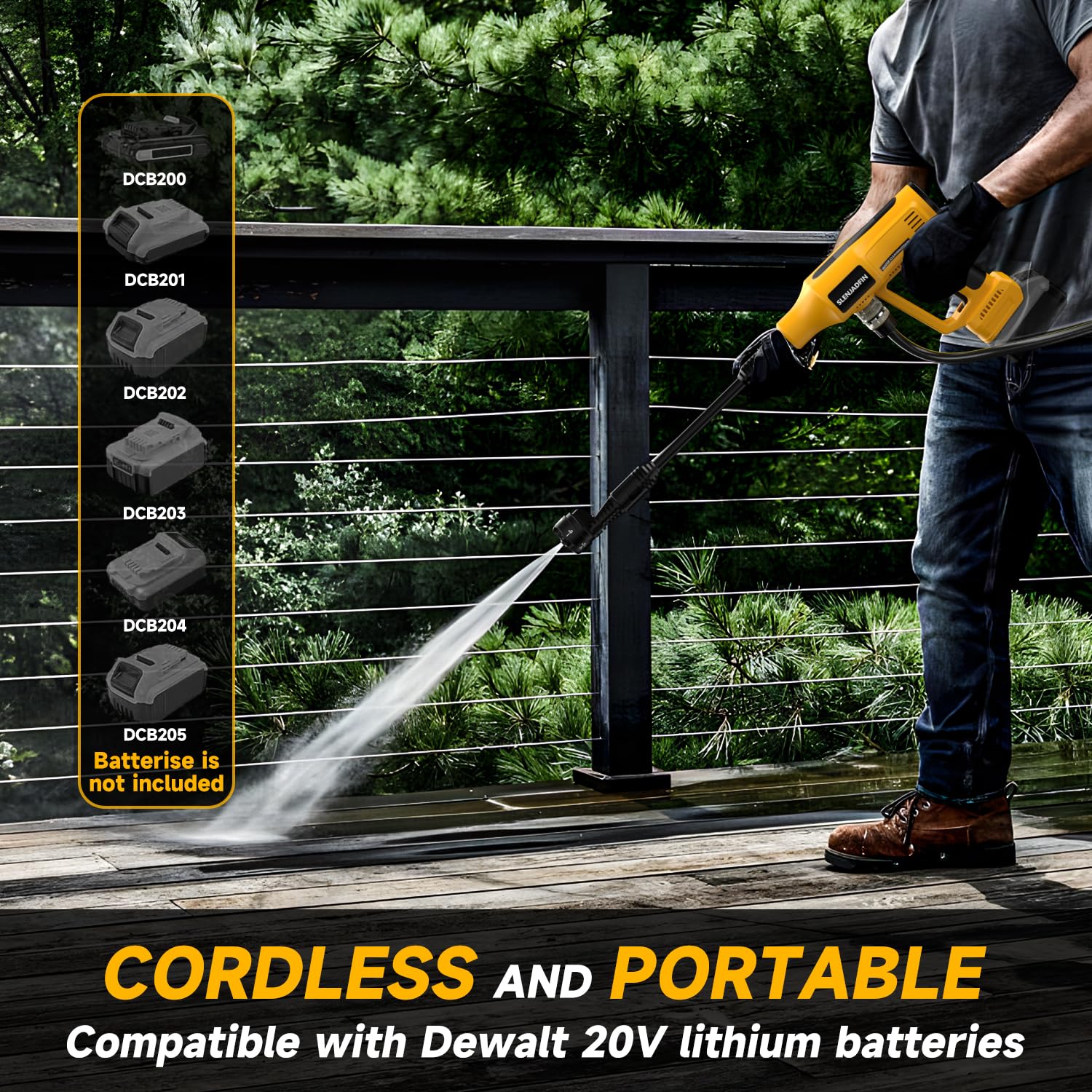 SLENJADFIN size comparison with a DeWalt 20V battery showing portable scale and compatibility