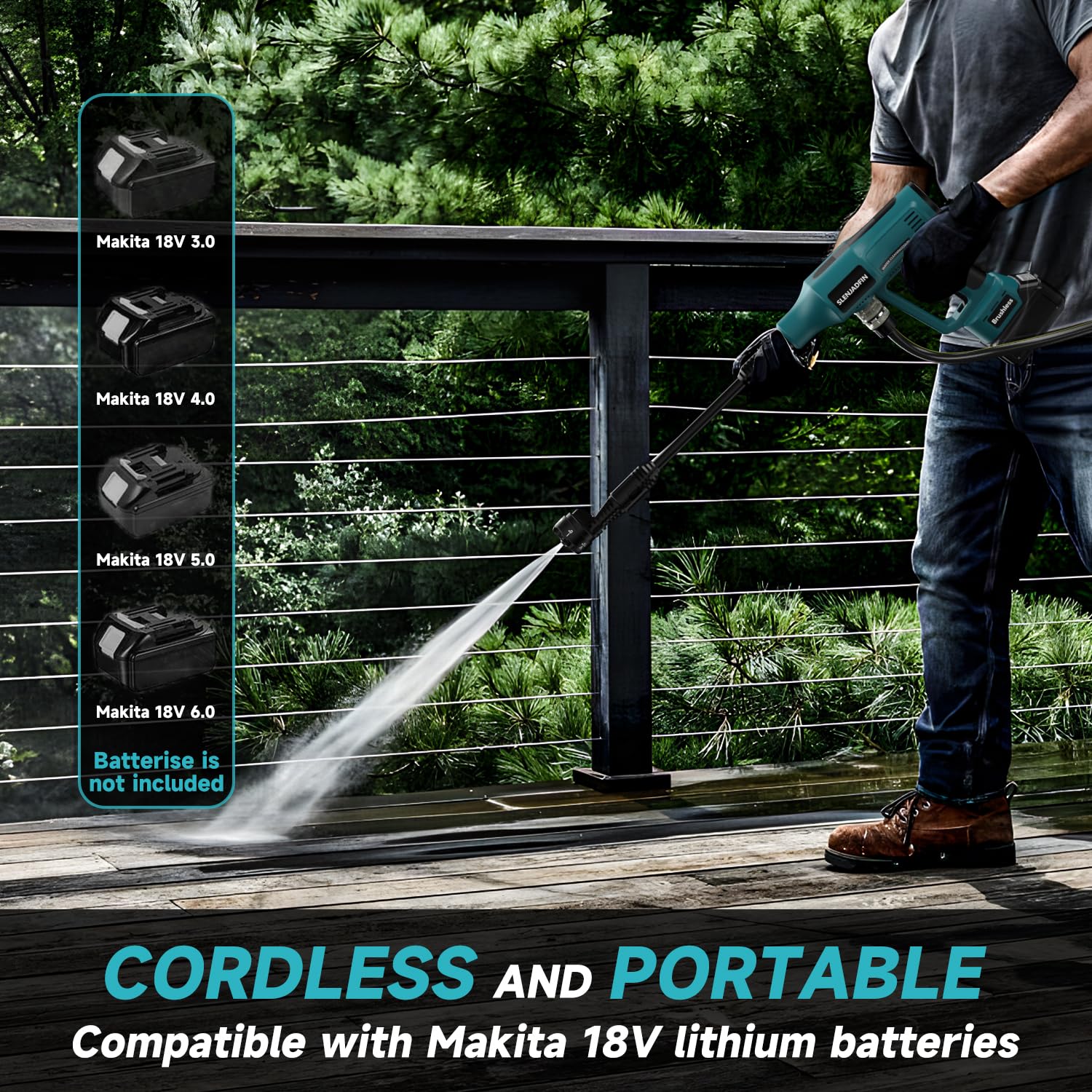 SLENJADFIN beside a Makita 18V battery showing compatibility and portable scale
