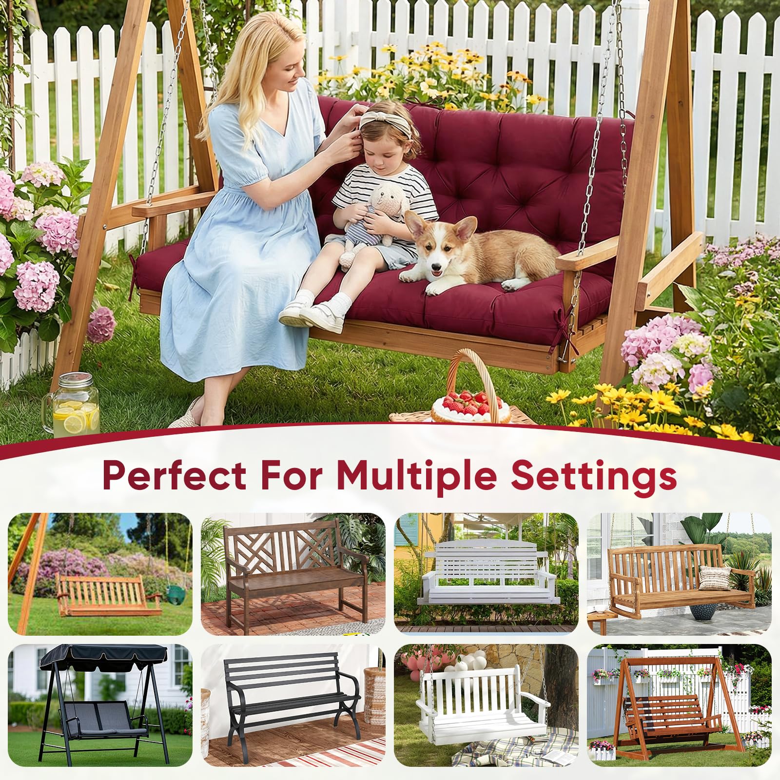 SLIMSTY cushion installed on a porch swing providing plush comfort for two to three people