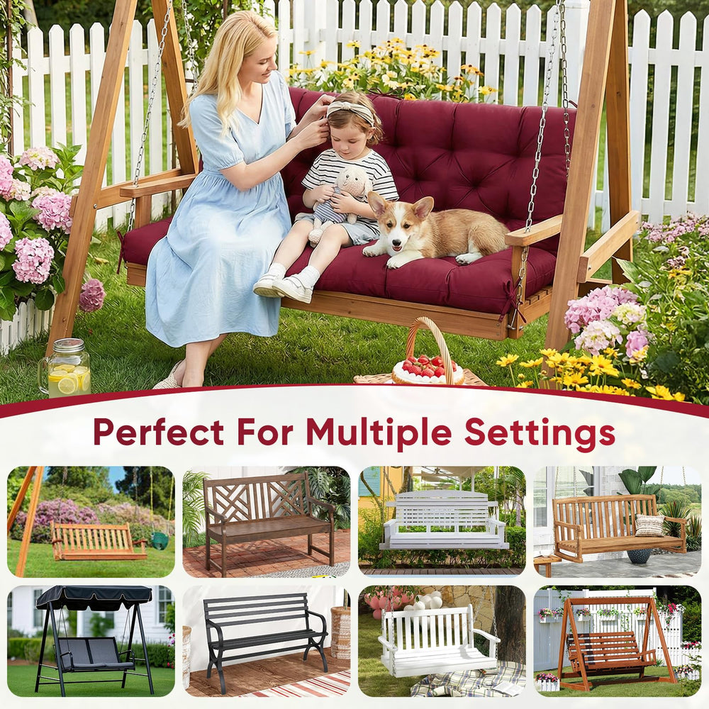 SLIMSTY cushion installed on a porch swing providing plush comfort for two to three people